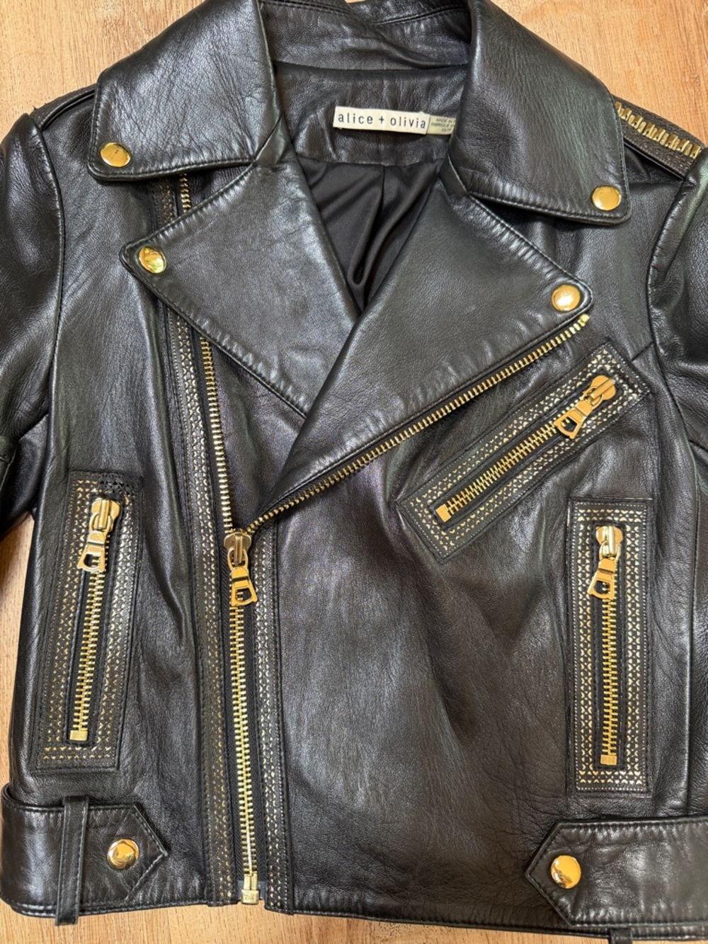 Alice + Olivia Black Leather Moto Jacket with Gold Accent Trim - Picture 3 of 5